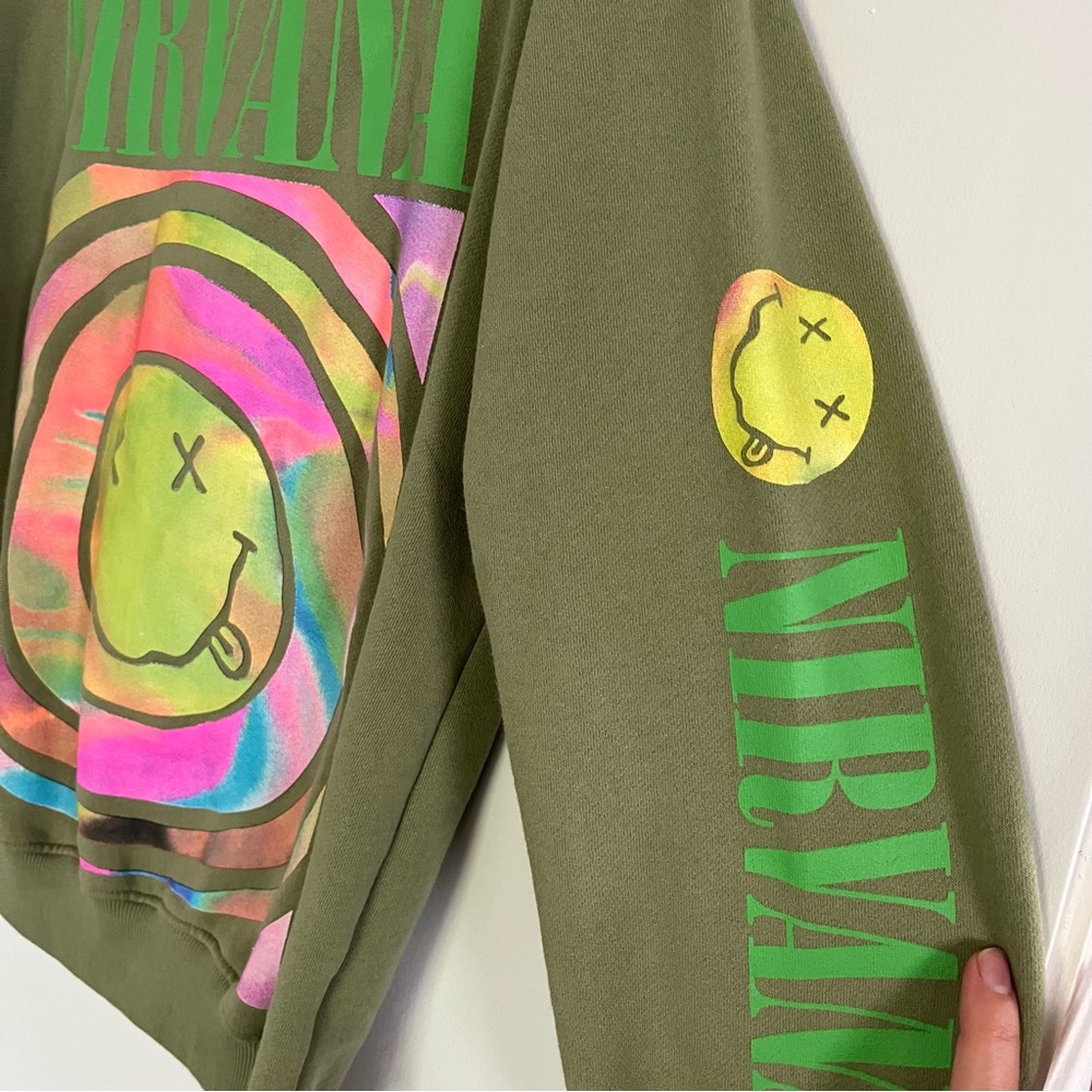 Nirvana Green Multicolor Smiley Face Overdyed Swe… - image 2